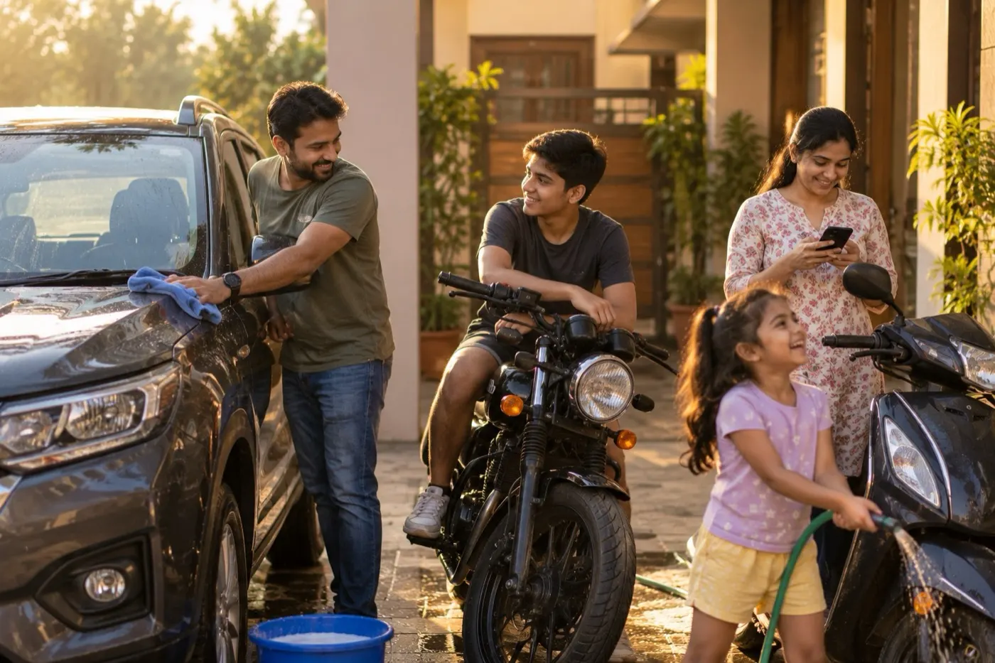 A family washing their car, motorcycle and scooter in the driveway at golden hour