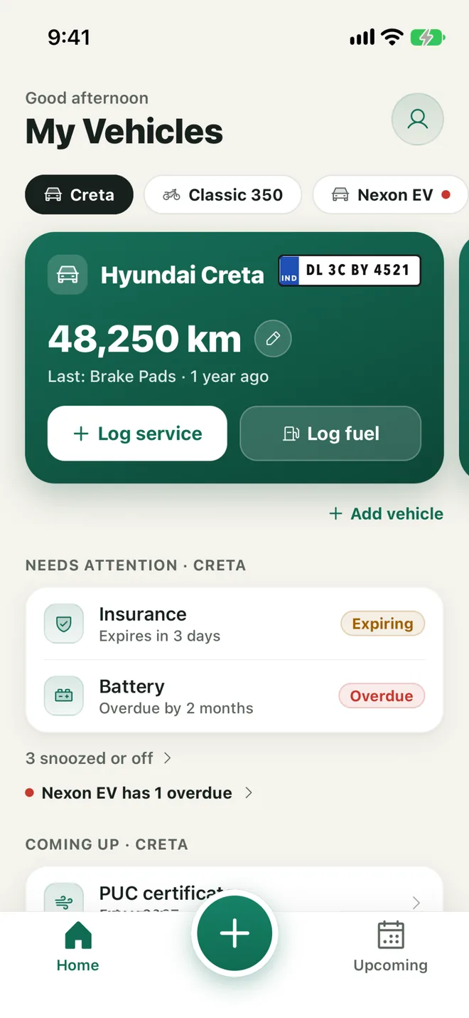 Home: the vehicle card, Needs attention and Coming up