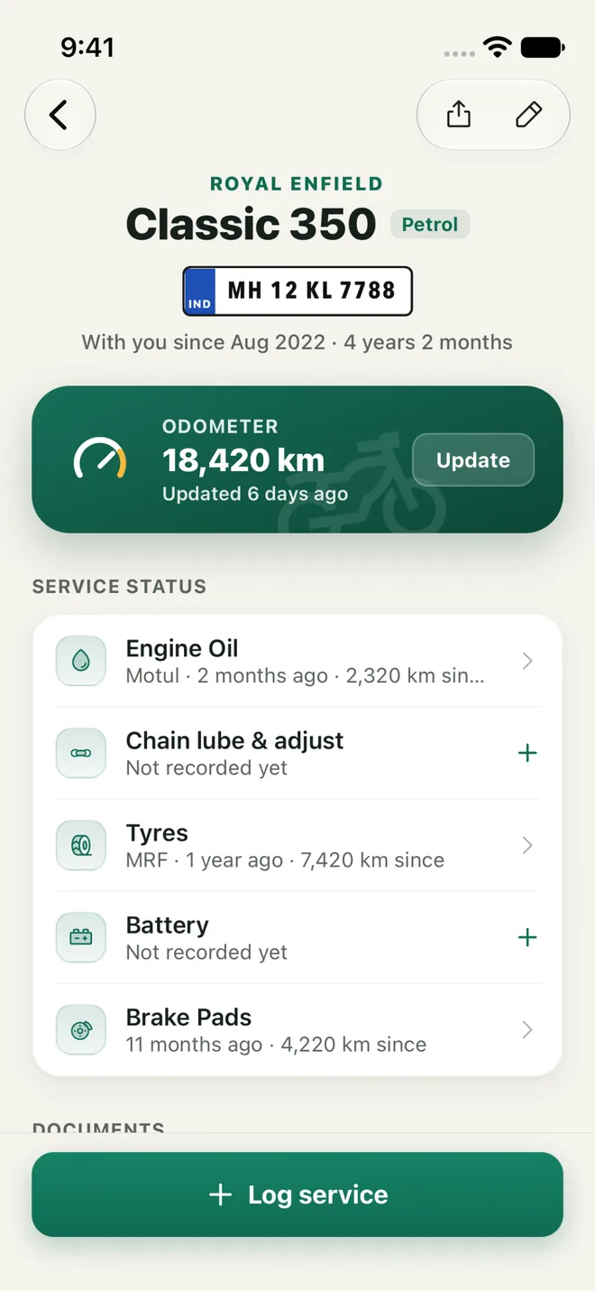 A Royal Enfield Classic 350's service status and odometer