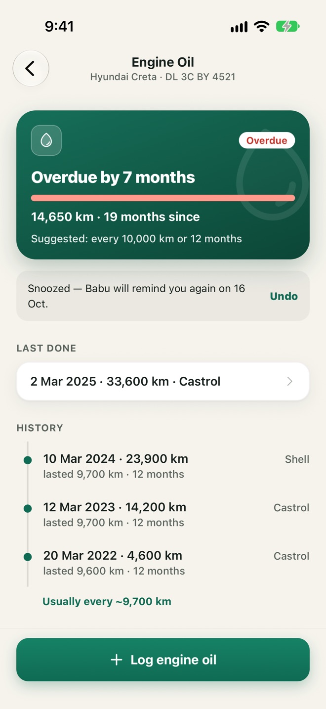 Engine Oil history: every past change, and usually every 9,700 km