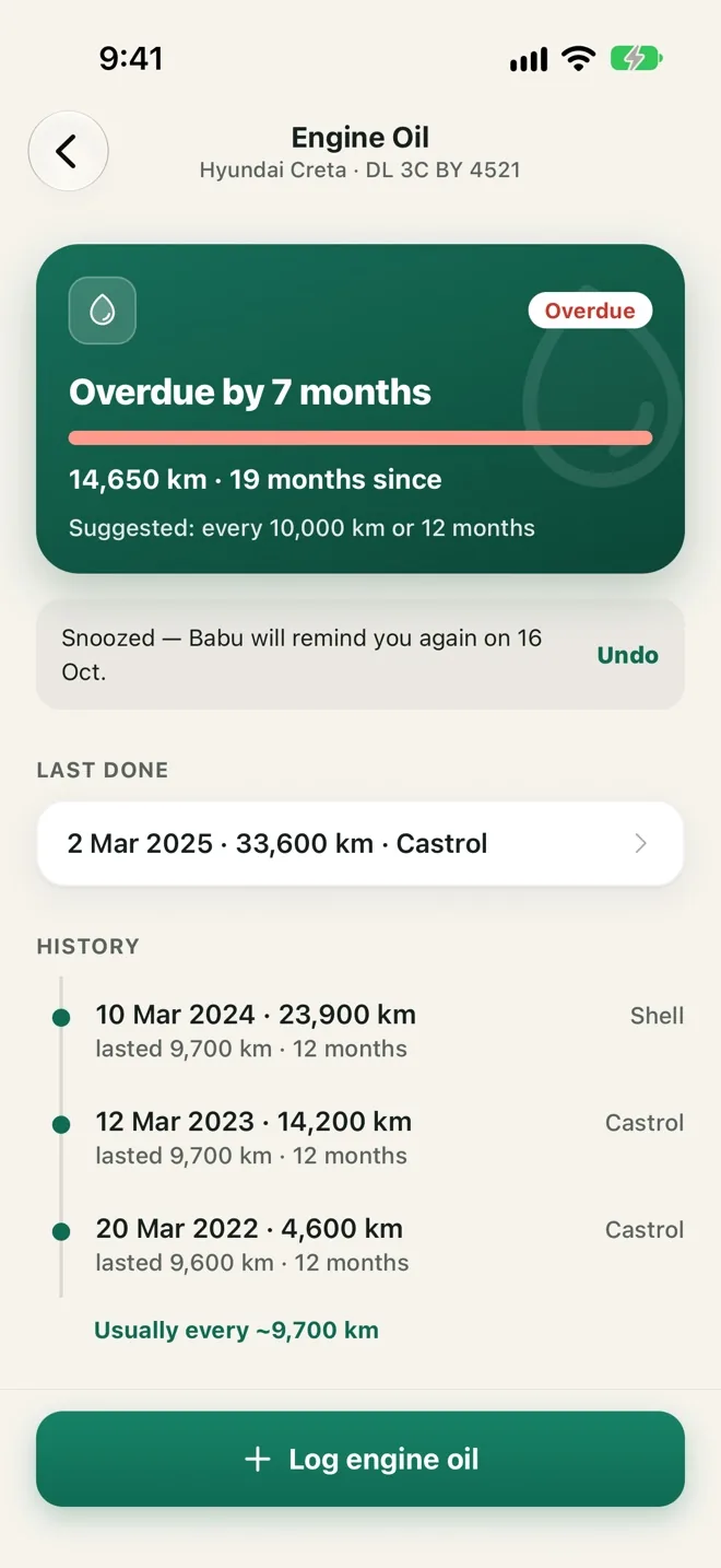 Engine Oil history: every past change, and usually every 9,700 km