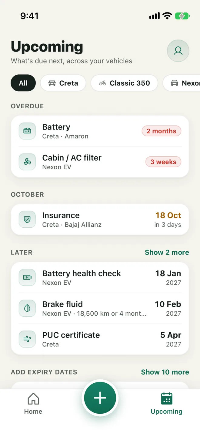 Upcoming: what's due next, by date, across vehicles