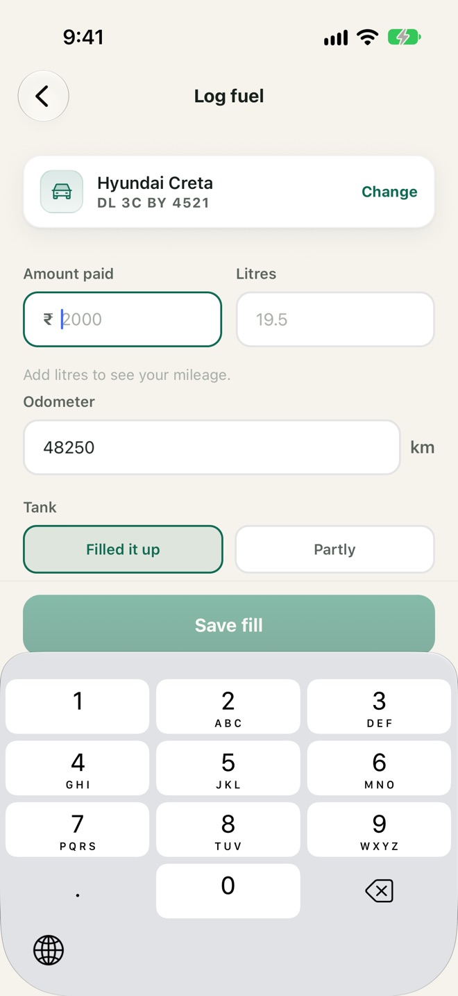 Log fuel: amount paid, litres, odometer and full or partial tank